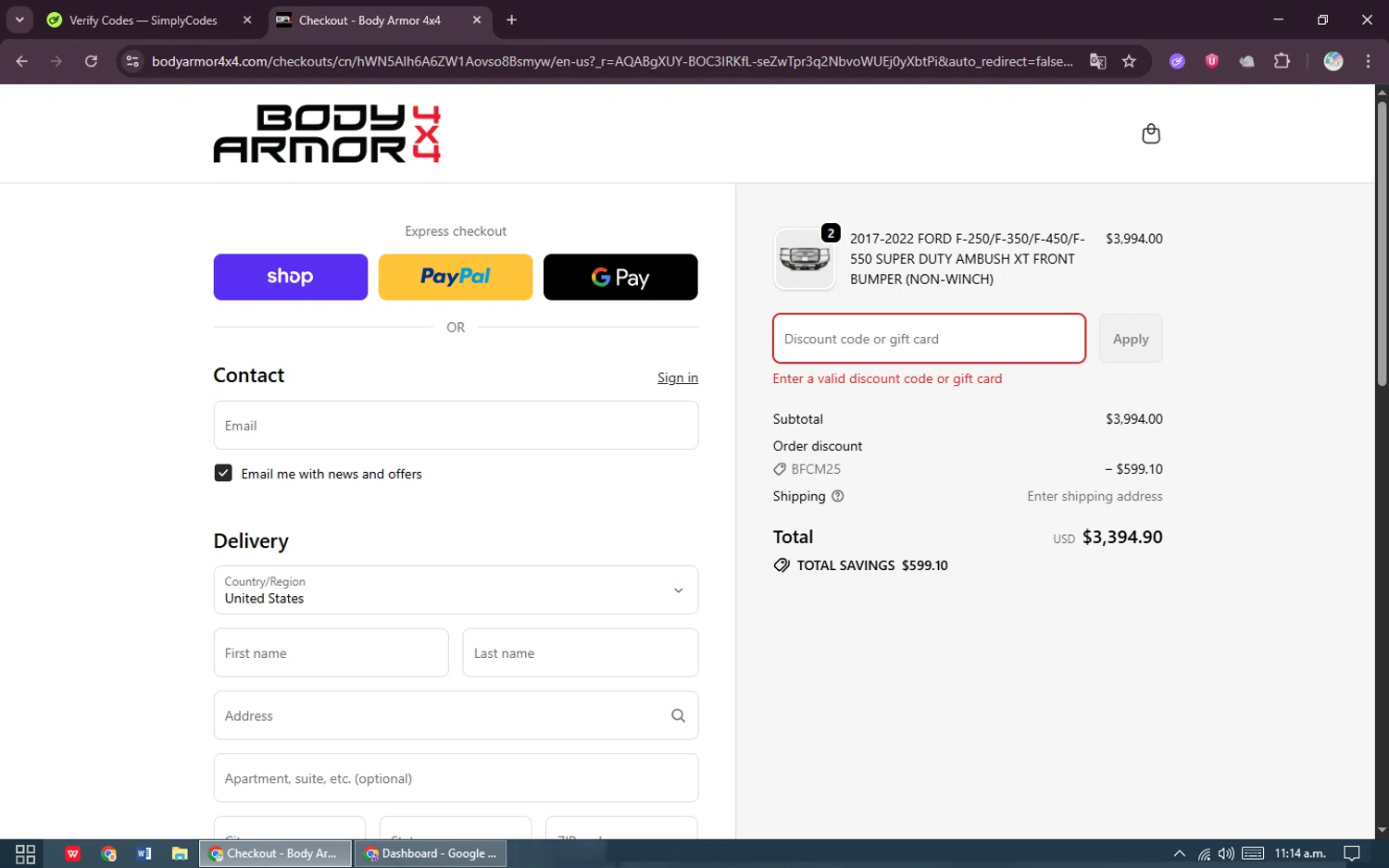 Body Armor 4x4 discount code screenshot showing code BFCM25 applied at Body Armor 4x4 checkout page. Uploaded by SimplyCodes community member CrownWizard4992 on Nov 11, 2025
