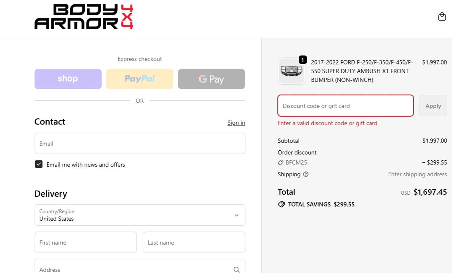 Body Armor 4x4 discount code screenshot showing code BFCM25 applied at Body Armor 4x4 checkout page. Uploaded by SimplyCodes community member YISUZZ on Nov 11, 2025