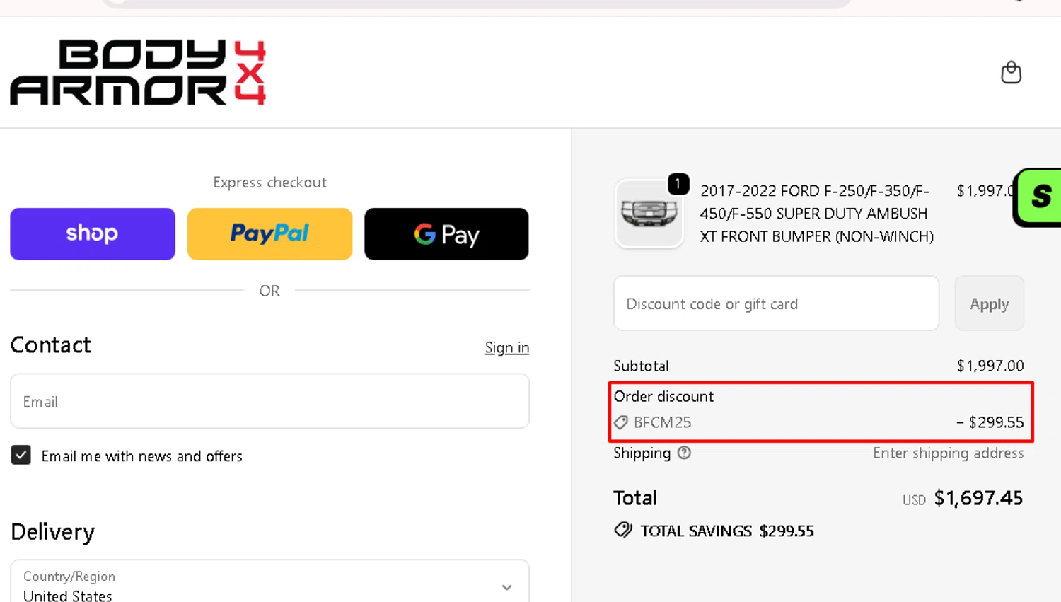 Body Armor 4x4 discount code screenshot showing code BFCM25 applied at Body Armor 4x4 checkout page. Uploaded by SimplyCodes community member AMANDA2681 on Nov 11, 2025