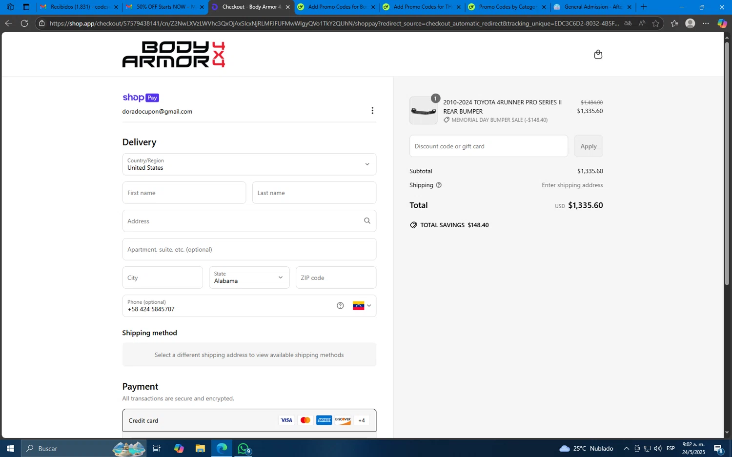 Body Armor 4x4 discount code screenshot showing code MEMORIAL applied at Body Armor 4x4 checkout page. Uploaded by SimplyCodes community member Mdeoca on May 24, 2025