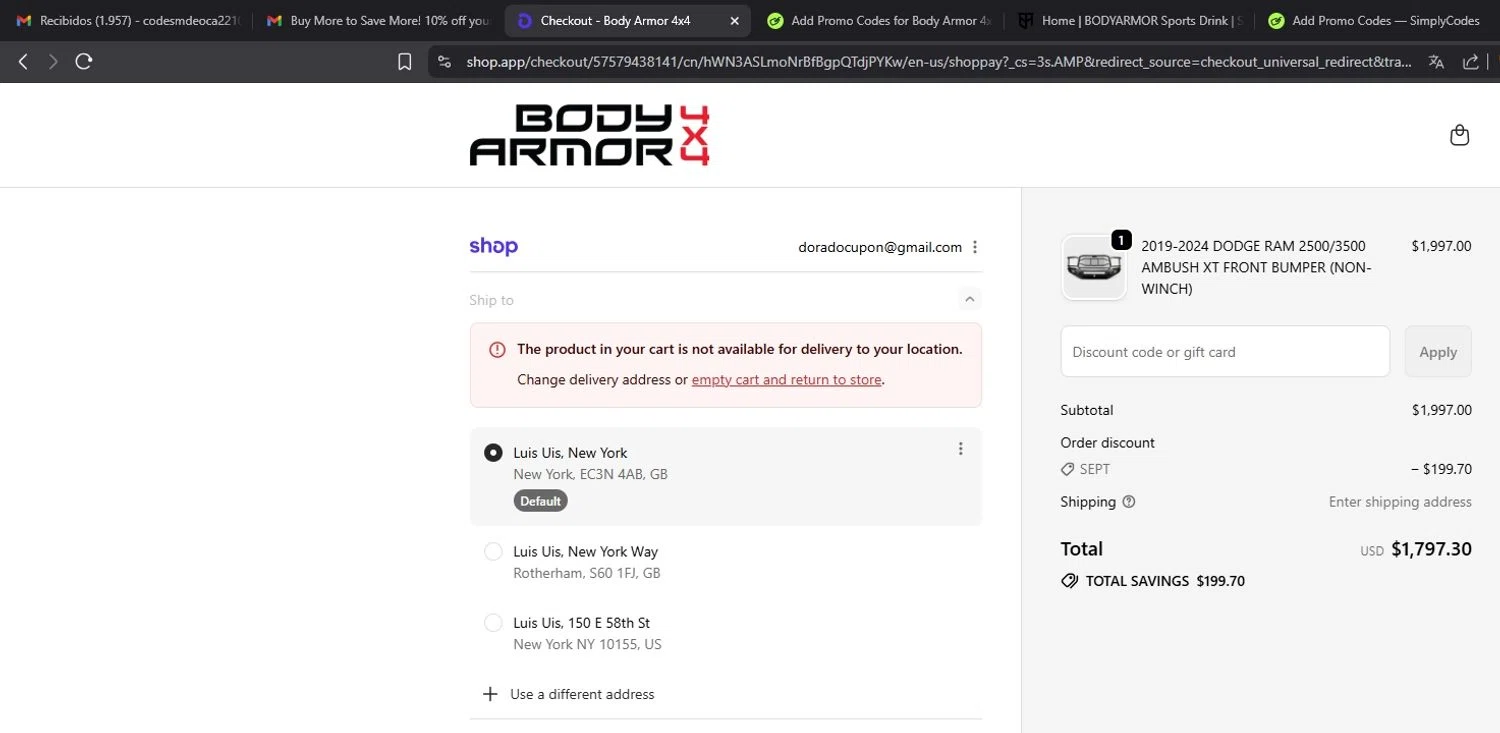 Body Armor 4x4 discount code screenshot showing code SEPT applied at Body Armor 4x4 checkout page. Uploaded by SimplyCodes community member Mdeoca on Sep 19, 2025