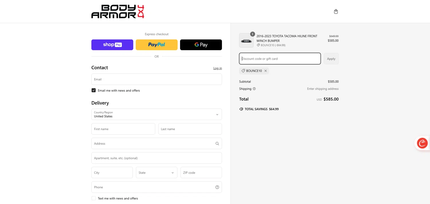 Body Armor 4x4 discount code screenshot showing code BOUNCE10 applied at Body Armor 4x4 checkout page. Uploaded by SimplyCodes community member ivantorres on Mar 8, 2025