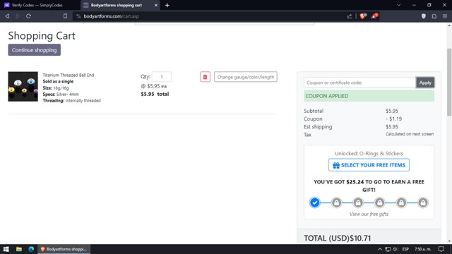 Bodyartforms checkout page showing Bodyartforms coupon code box | Screenshot taken by SimplyCodes community member on Dec 8, 2023