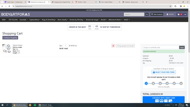 Bodyartforms checkout page showing Bodyartforms coupon code box | Screenshot taken by SimplyCodes community member on Dec 22, 2023