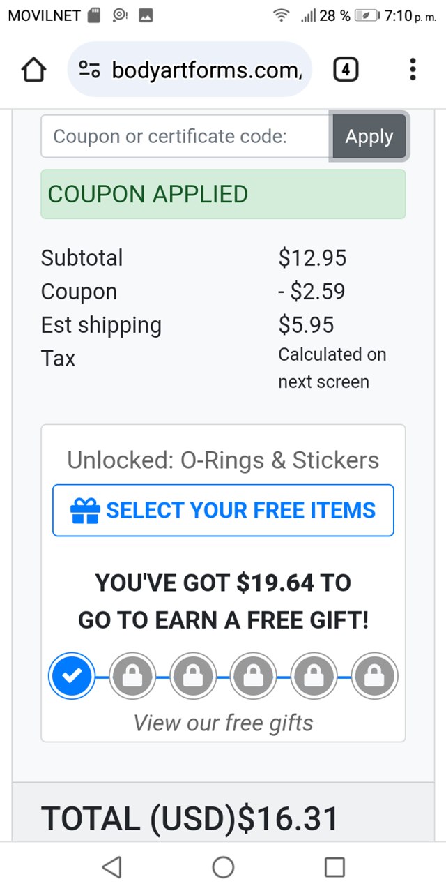 Bodyartforms checkout page showing Bodyartforms coupon code box | Screenshot taken by SimplyCodes community member on Apr 7, 2024
