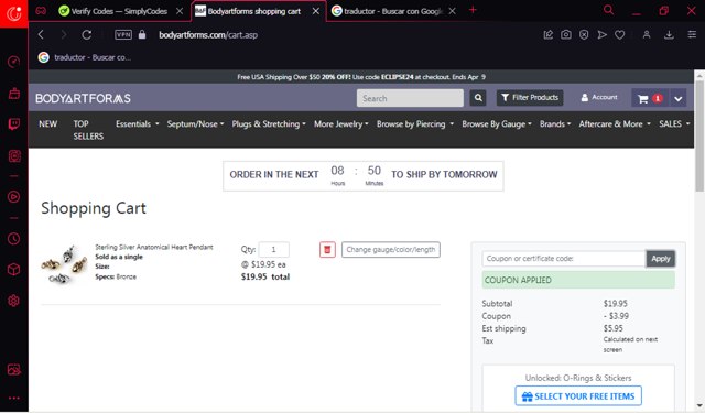 Bodyartforms checkout page showing Bodyartforms coupon code box | Screenshot taken by SimplyCodes community member on Apr 8, 2024