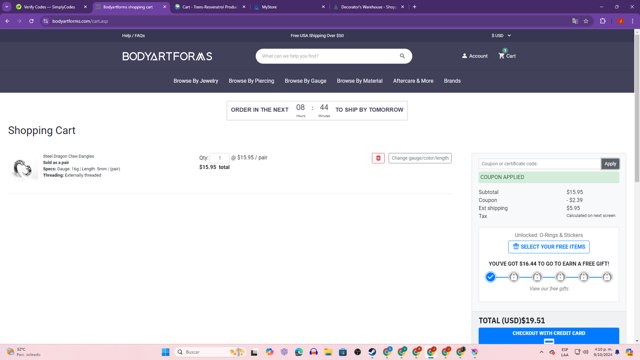 Bodyartforms checkout page showing Bodyartforms coupon code box | Screenshot taken by SimplyCodes community member on Oct 9, 2024