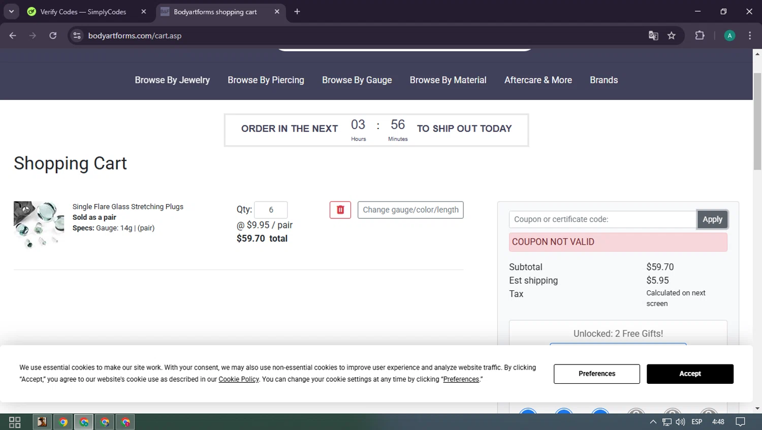 Bodyartforms coupon code screenshot showing code 24HOLIDAY applied at Bodyartforms checkout page. Uploaded by SimplyCodes community member CarlOz on Feb 14, 2025