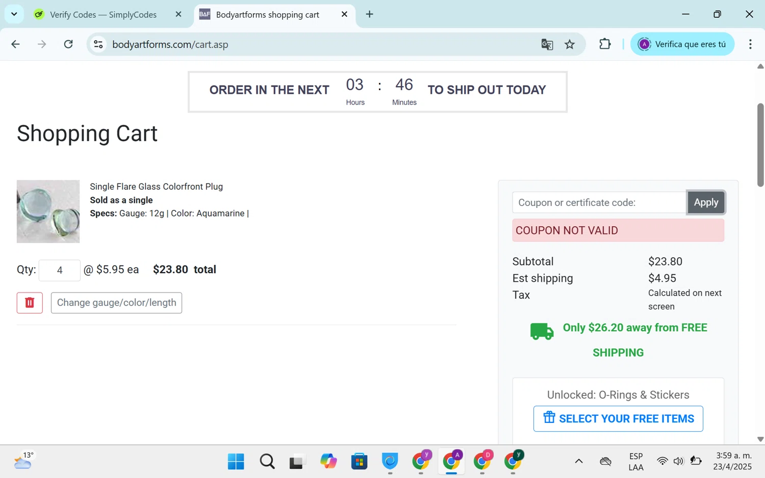 Bodyartforms coupon code screenshot showing code 24HOLIDAY applied at Bodyartforms checkout page. Uploaded by SimplyCodes community member SEANJOHN55 on Apr 23, 2025