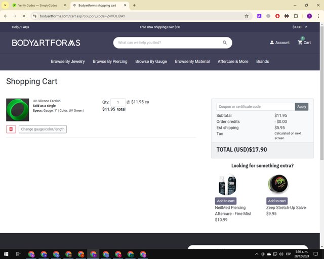 Bodyartforms checkout page showing Bodyartforms coupon code box | Screenshot taken by SimplyCodes community member on Dec 28, 2024