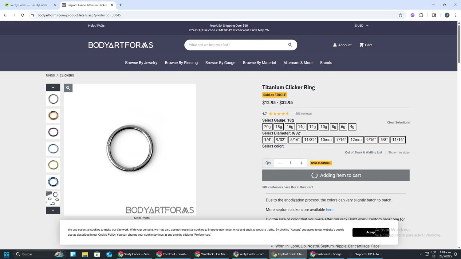 Bodyartforms coupon code screenshot showing code 25MEMDAY applied at Bodyartforms checkout page. Uploaded by SimplyCodes community member AVATIGRITO on May 23, 2025