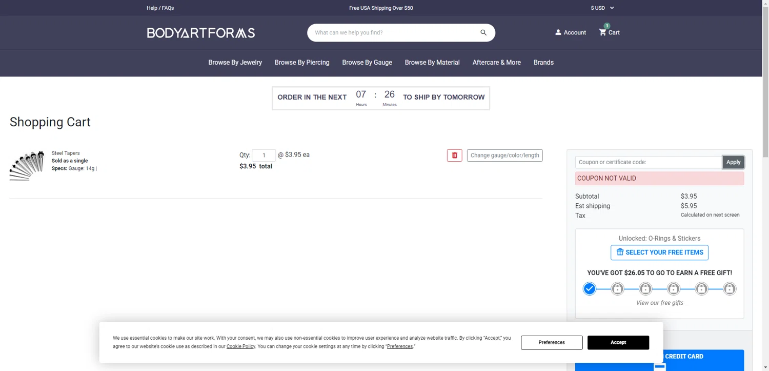 Bodyartforms coupon code screenshot showing code 25MEMDAY applied at Bodyartforms checkout page. Uploaded by SimplyCodes community member ValueWarden2887 on Jun 3, 2025
