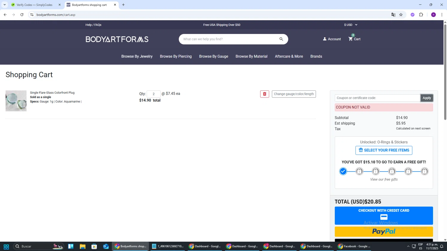 Bodyartforms coupon code screenshot showing code 25FIREWORK applied at Bodyartforms checkout page. Uploaded by SimplyCodes community member AVAMUSTANG on Jul 11, 2025