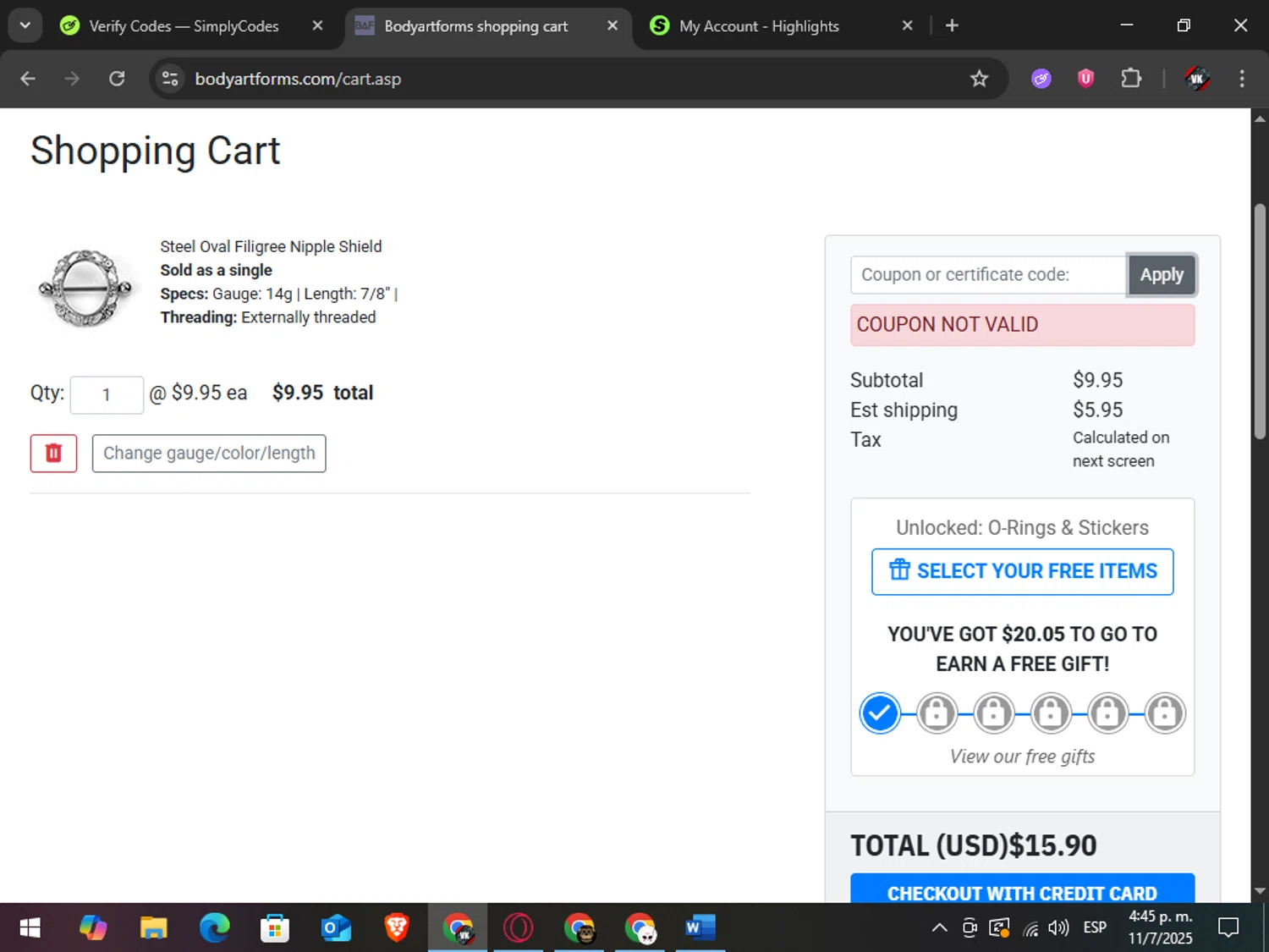 Bodyartforms coupon code screenshot showing code 25FIREWORK applied at Bodyartforms checkout page. Uploaded by SimplyCodes community member TreasureAdmiral6867 on Jul 11, 2025