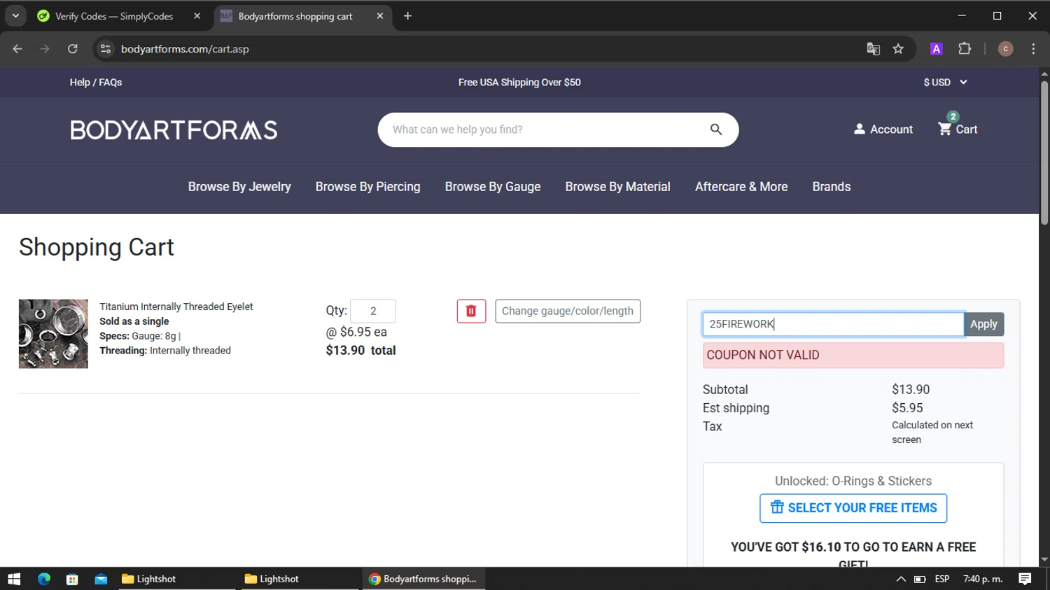 Bodyartforms coupon code screenshot showing code 25FIREWORK applied at Bodyartforms checkout page. Uploaded by SimplyCodes community member VoucherRanger901 on Jul 11, 2025