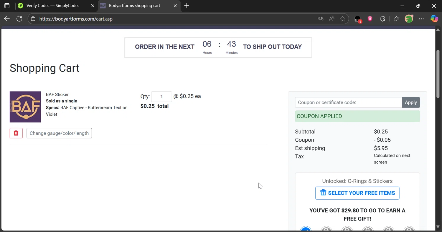 Bodyartforms coupon code screenshot showing code LABOR25 applied at Bodyartforms checkout page. Uploaded by SimplyCodes community member Eltoro20 on Aug 29, 2025