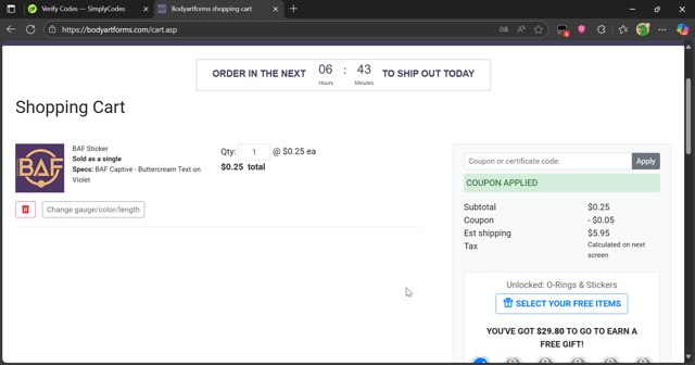 Bodyartforms checkout page showing Bodyartforms coupon code box | Screenshot taken by SimplyCodes community member on Aug 29, 2025