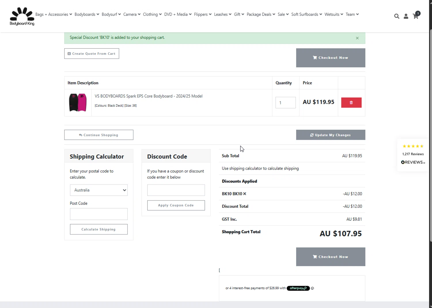 Bodyboard King discount code screenshot showing code BK10 applied at Bodyboard King checkout page. Uploaded by SimplyCodes community member Hei201 on May 20, 2025