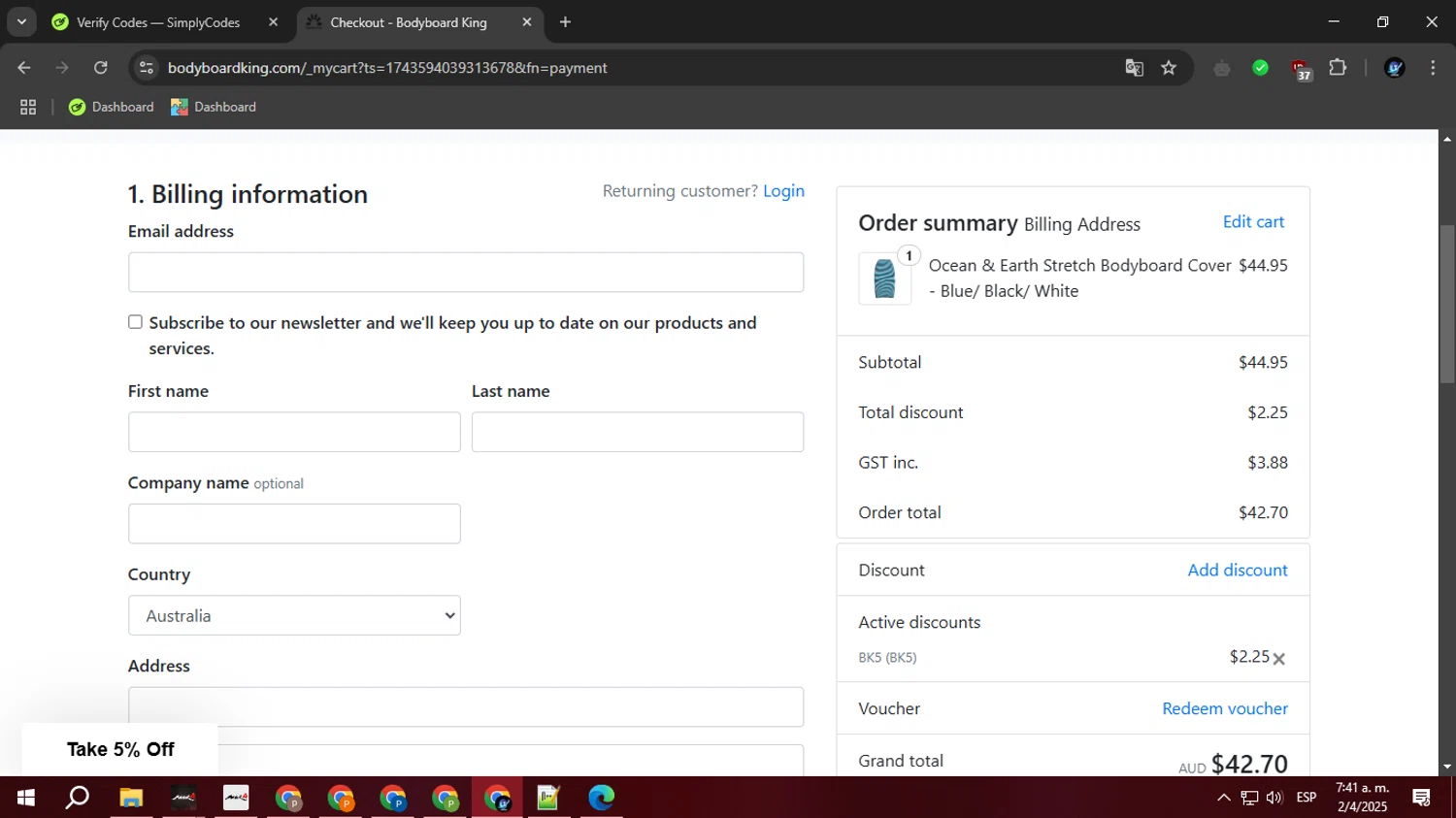 Bodyboard King discount code screenshot showing code BK5 applied at Bodyboard King checkout page. Uploaded by SimplyCodes community member BudgetOwl2519 on Apr 2, 2025