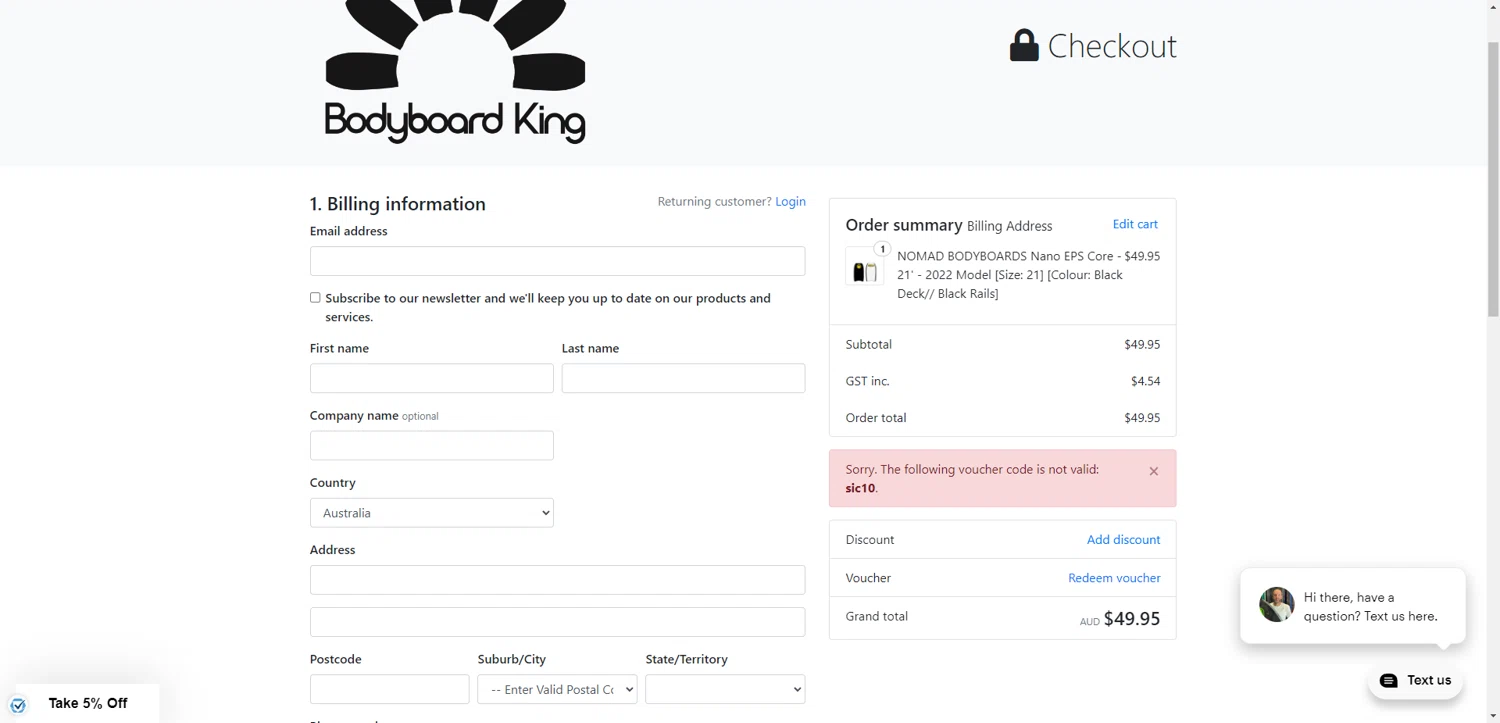 Bodyboard King discount code screenshot showing code sic10 applied at Bodyboard King checkout page. Uploaded by SimplyCodes community member CrownTiger6508 on Jul 21, 2025