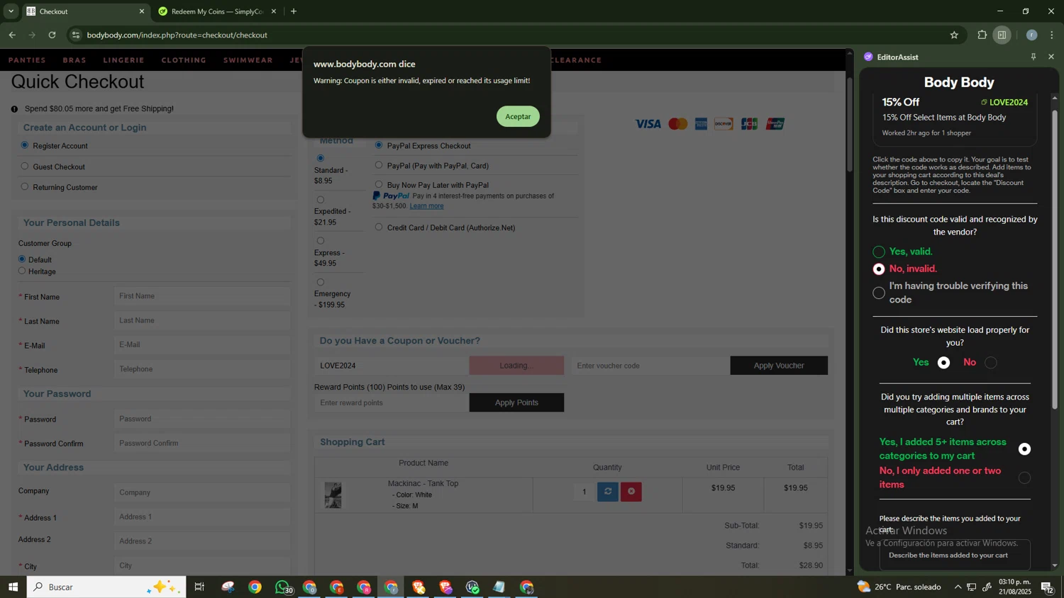 Body Body promo code screenshot showing code LOVE2024 applied at Body Body checkout page. Uploaded by SimplyCodes community member CashScholar6568 on Aug 21, 2025