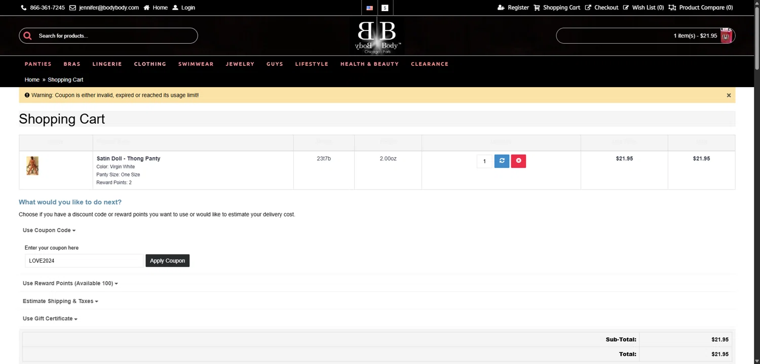 Body Body promo code screenshot showing code LOVE2024 applied at Body Body checkout page. Uploaded by SimplyCodes community member EpicGuardian2592 on Aug 21, 2025