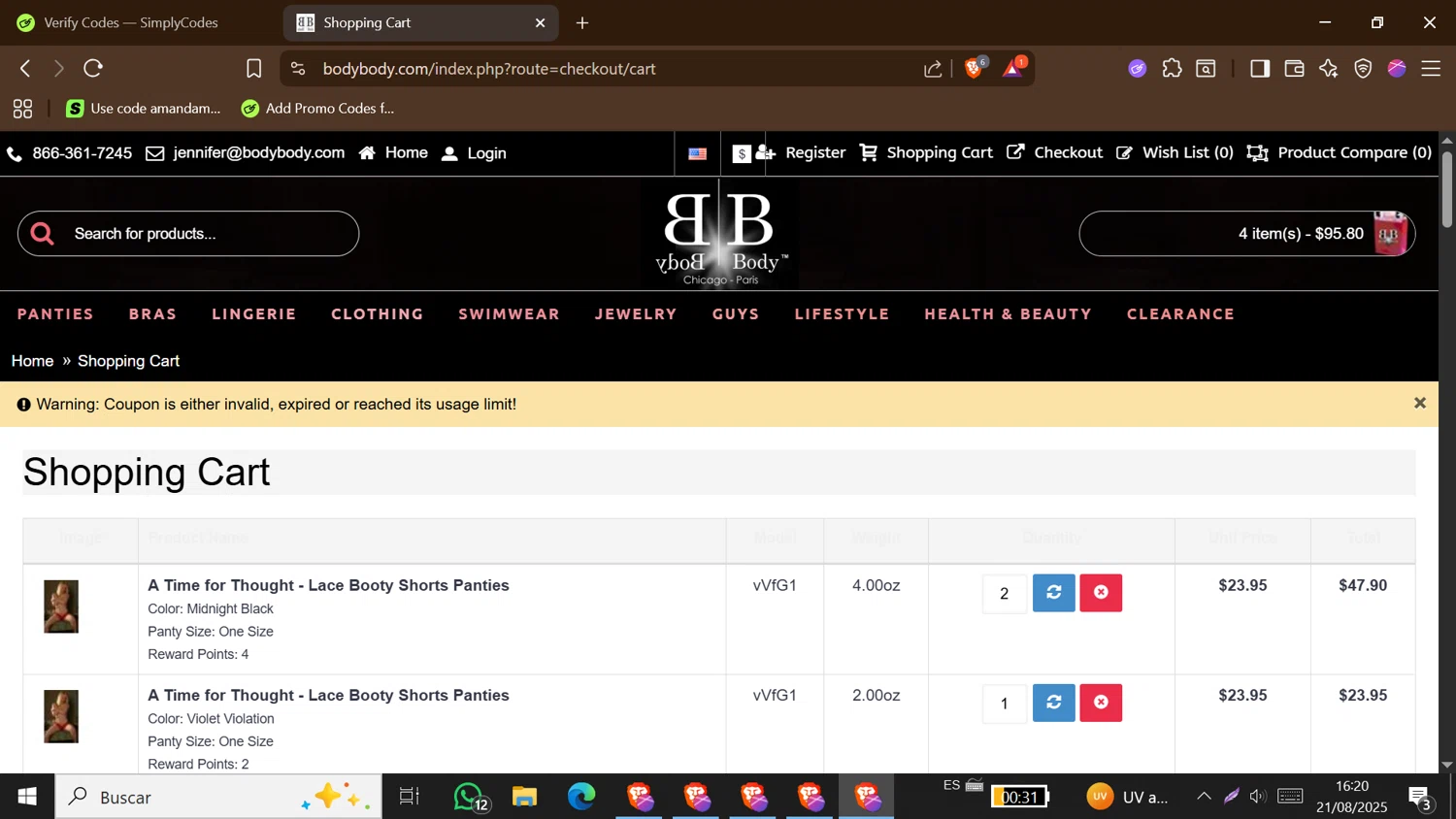 Body Body promo code screenshot showing code LOVE2024 applied at Body Body checkout page. Uploaded by SimplyCodes community member MoneyShopper1883 on Aug 21, 2025