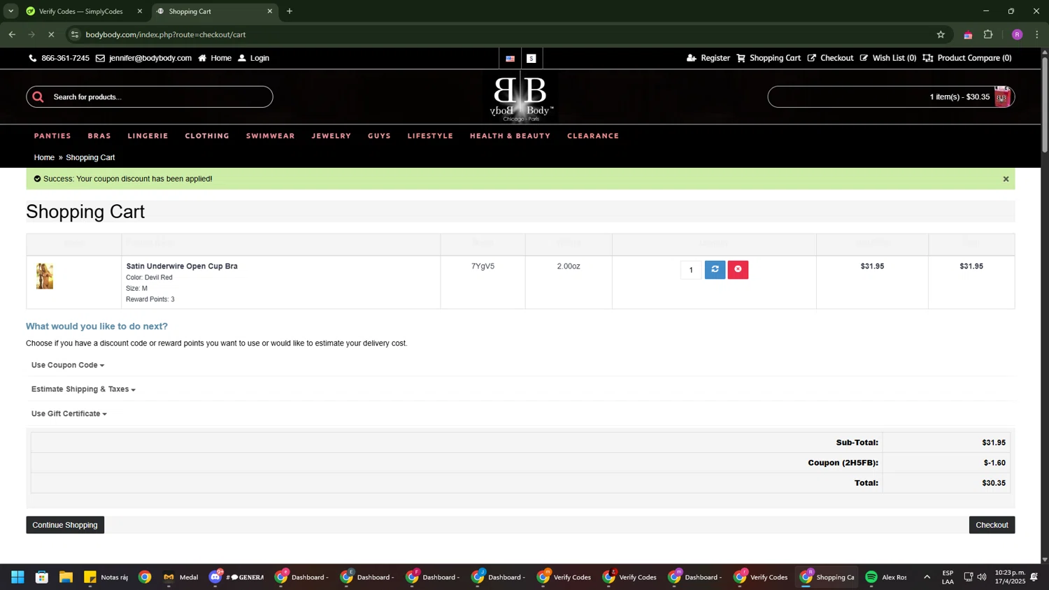 Body Body promo code screenshot showing code 2H5FB applied at Body Body checkout page. Uploaded by SimplyCodes community member RoyalSentinel4577 on Apr 18, 2025