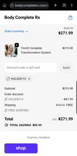 Body Complete Rx coupon verification screenshot