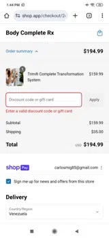 Body Complete Rx coupon verification screenshot
