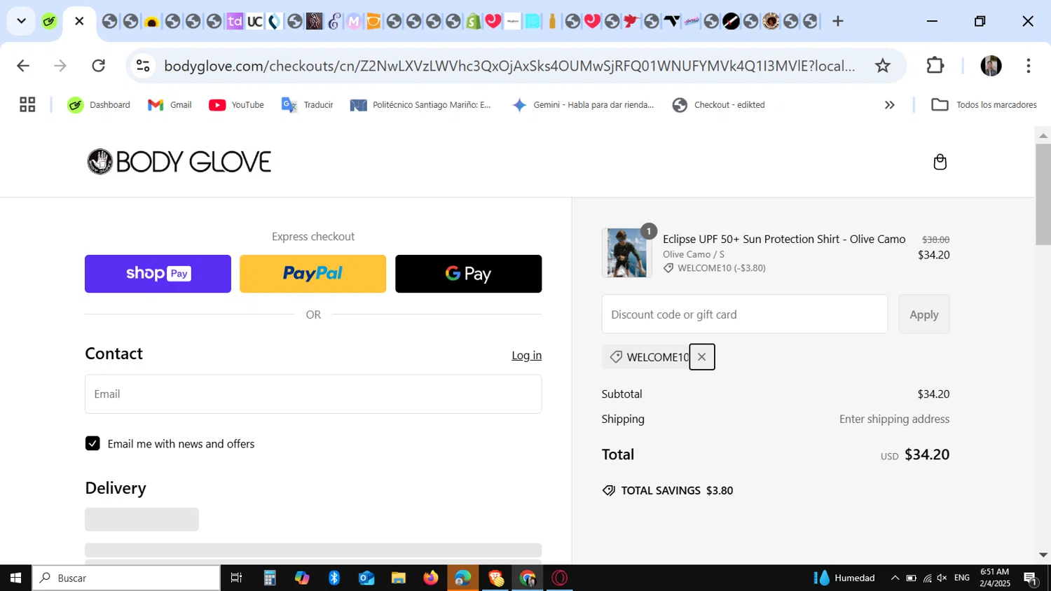 Body Glove discount code screenshot showing code WELCOME10 applied at Body Glove checkout page. Uploaded by SimplyCodes community member KataldoMustafack on Feb 4, 2025