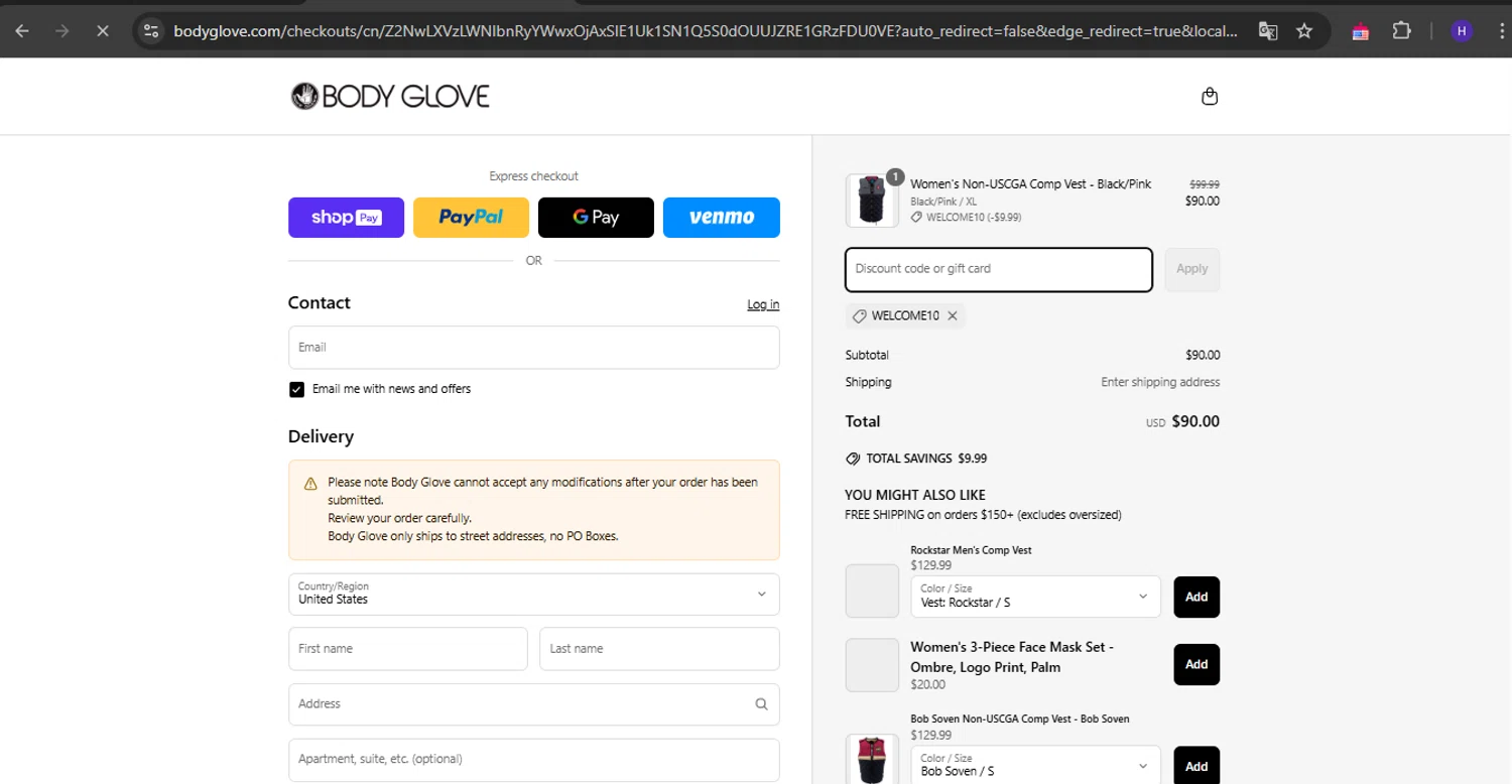 Body Glove discount code screenshot showing code WELCOME10 applied at Body Glove checkout page. Uploaded by SimplyCodes community member RebateVirtuoso9954 on Mar 25, 2025