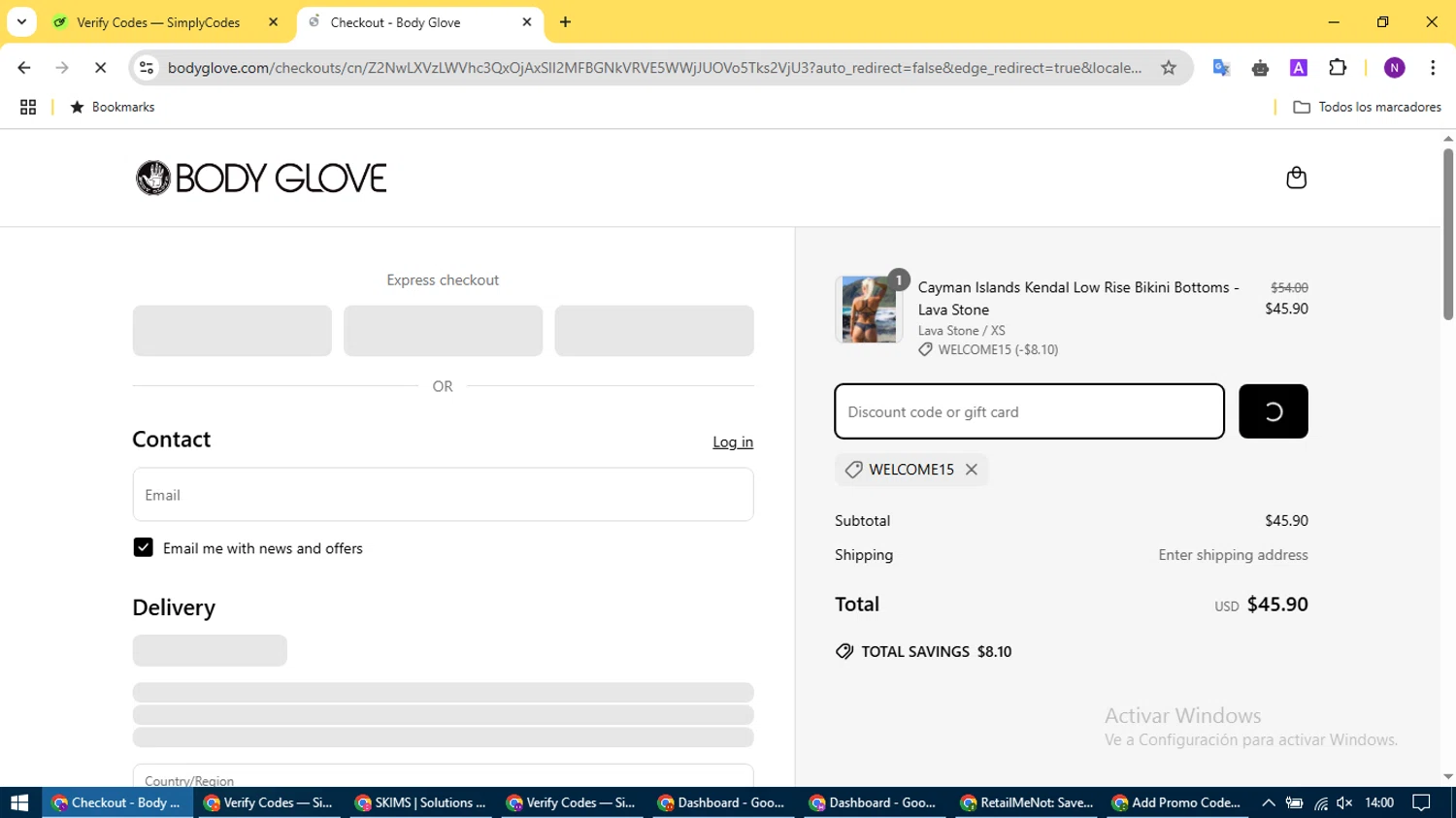 Body Glove discount code screenshot showing code WELCOME15 applied at Body Glove checkout page. Uploaded by SimplyCodes community member CleverCurator2158 on Apr 6, 2025
