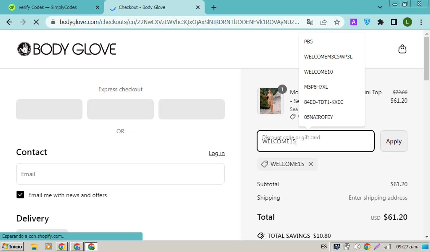 Body Glove discount code screenshot showing code WELCOME15 applied at Body Glove checkout page. Uploaded by SimplyCodes community member FrugalPioneer4965 on Apr 23, 2025