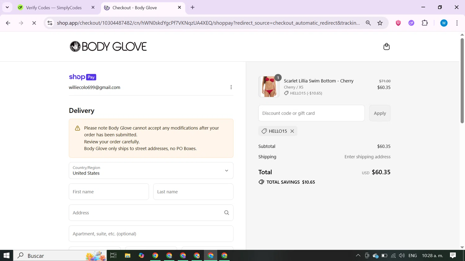 Body Glove discount code screenshot showing code HELLO15 applied at Body Glove checkout page. Uploaded by SimplyCodes community member CrownShopper7142 on Jul 21, 2025
