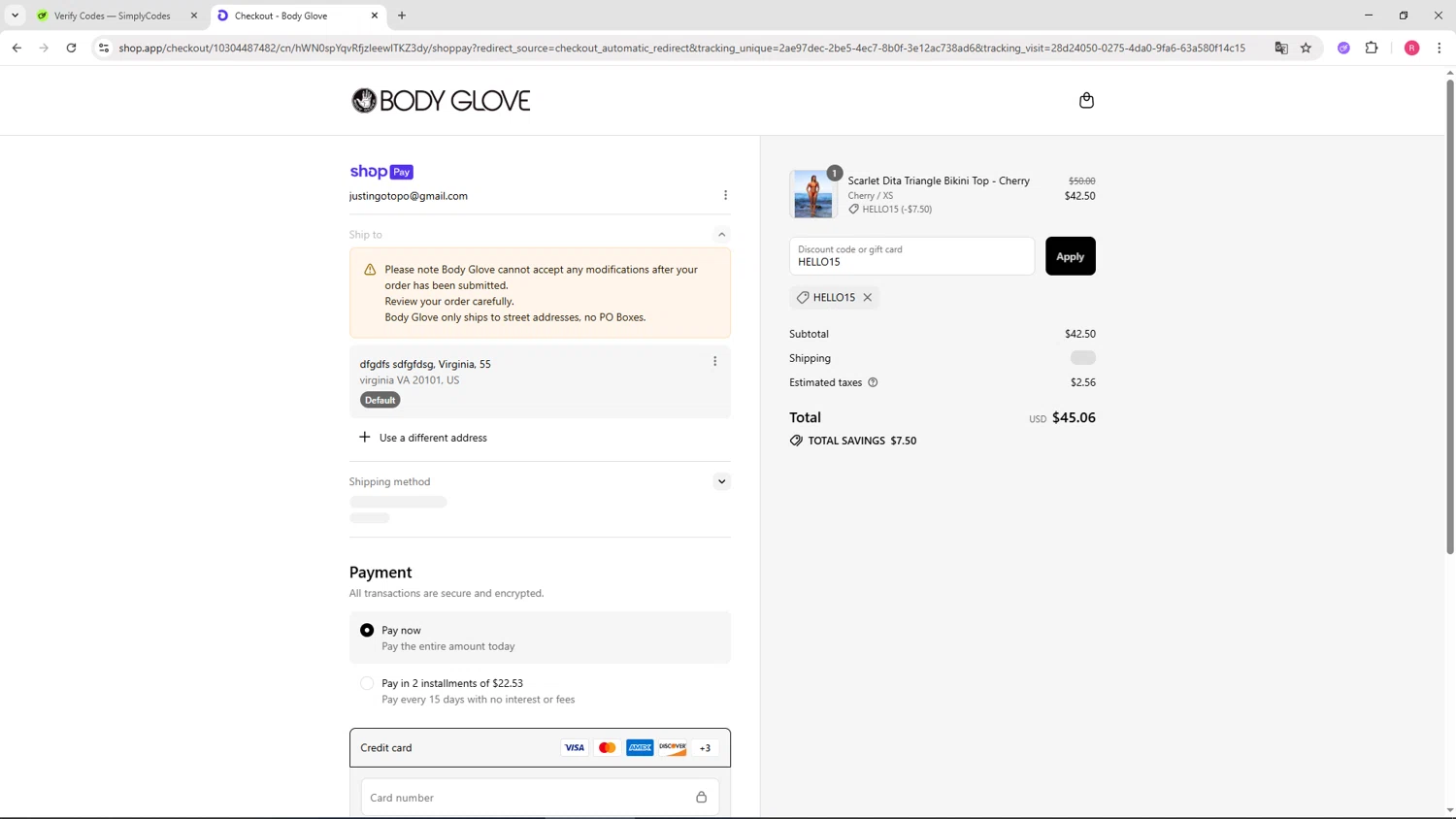 Body Glove discount code screenshot showing code HELLO15 applied at Body Glove checkout page. Uploaded by SimplyCodes community member TTTT55 on Jul 21, 2025