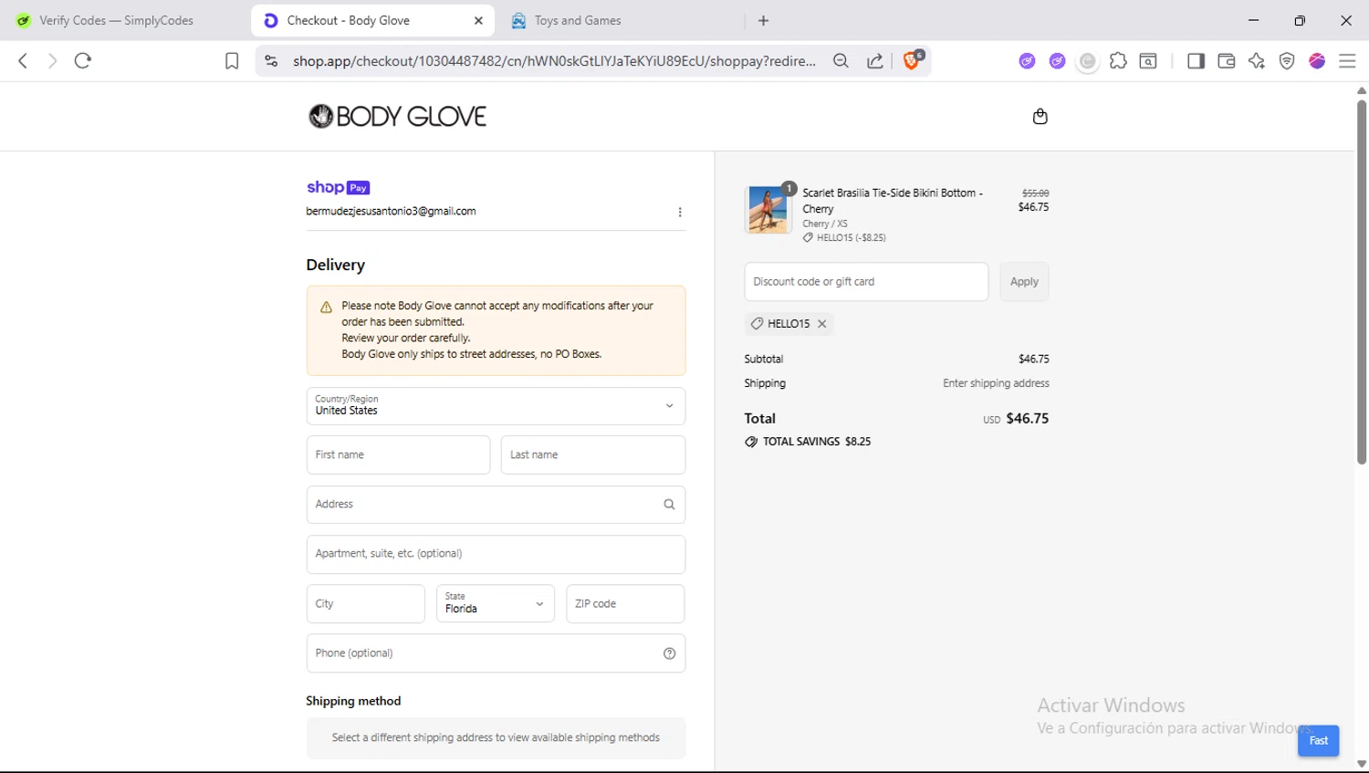 Body Glove discount code screenshot showing code HELLO15 applied at Body Glove checkout page. Uploaded by SimplyCodes community member SapeGato on Jul 21, 2025