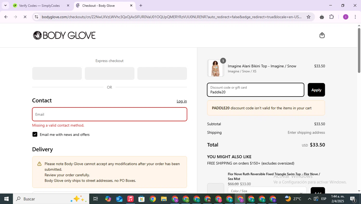 Body Glove discount code screenshot showing code Paddle20 applied at Body Glove checkout page. Uploaded by SimplyCodes community member RebateAce6764 on Apr 2, 2025