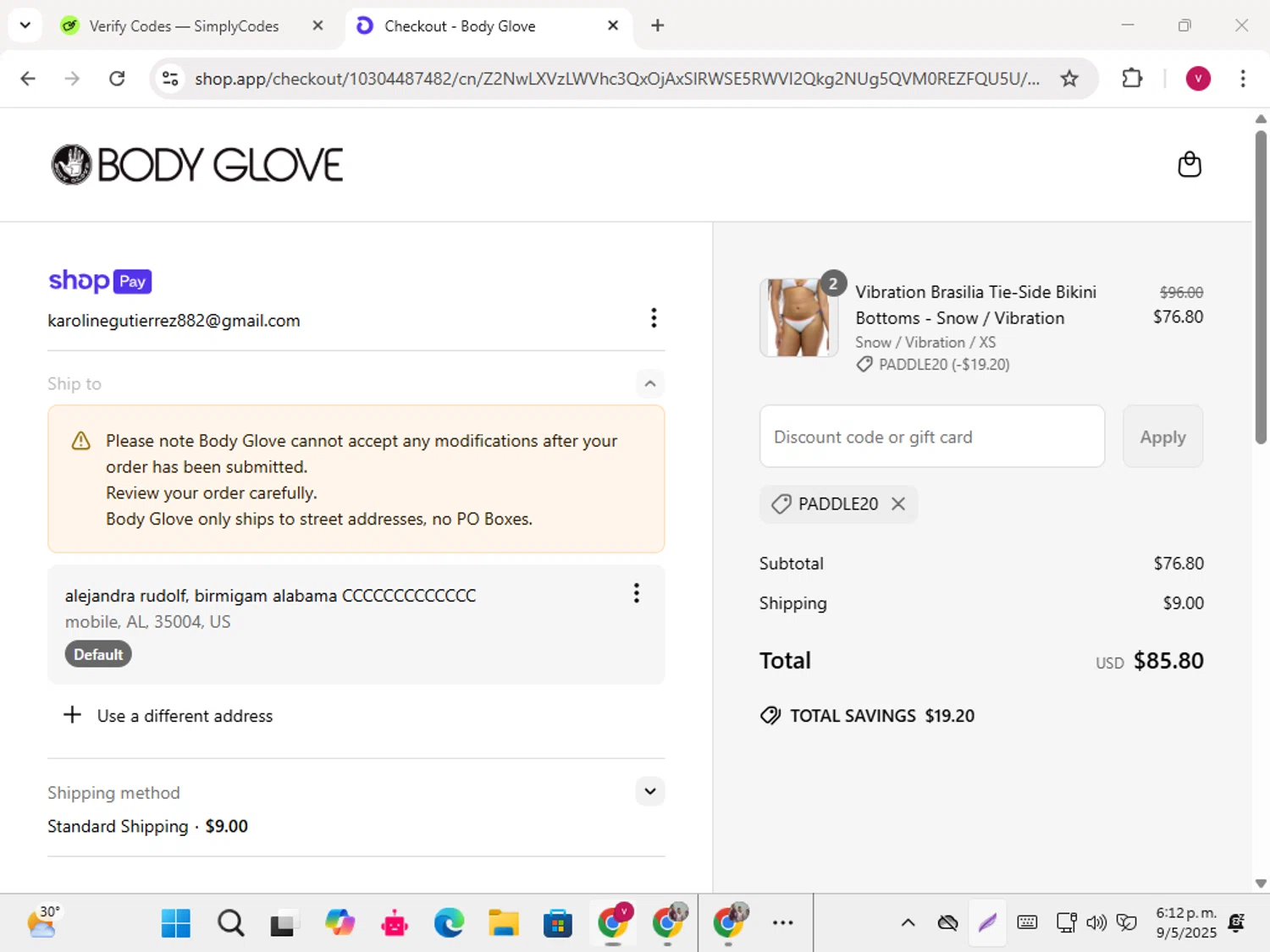 Body Glove discount code screenshot showing code Paddle20 applied at Body Glove checkout page. Uploaded by SimplyCodes community member karoline on May 9, 2025