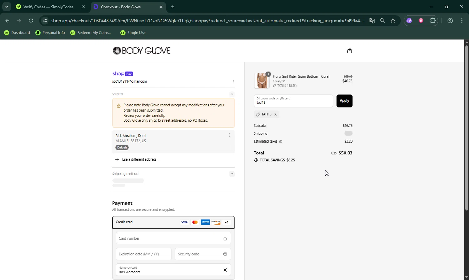 Body Glove discount code screenshot showing code tati15 applied at Body Glove checkout page. Uploaded by SimplyCodes community member LHaunter on Jul 21, 2025