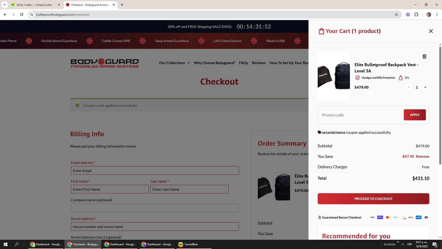 Bodyguard discount code screenshot showing code SECONDCHANCE applied at Bodyguard checkout page. Uploaded by SimplyCodes community member Levi_Ackerman on Sep 16, 2025