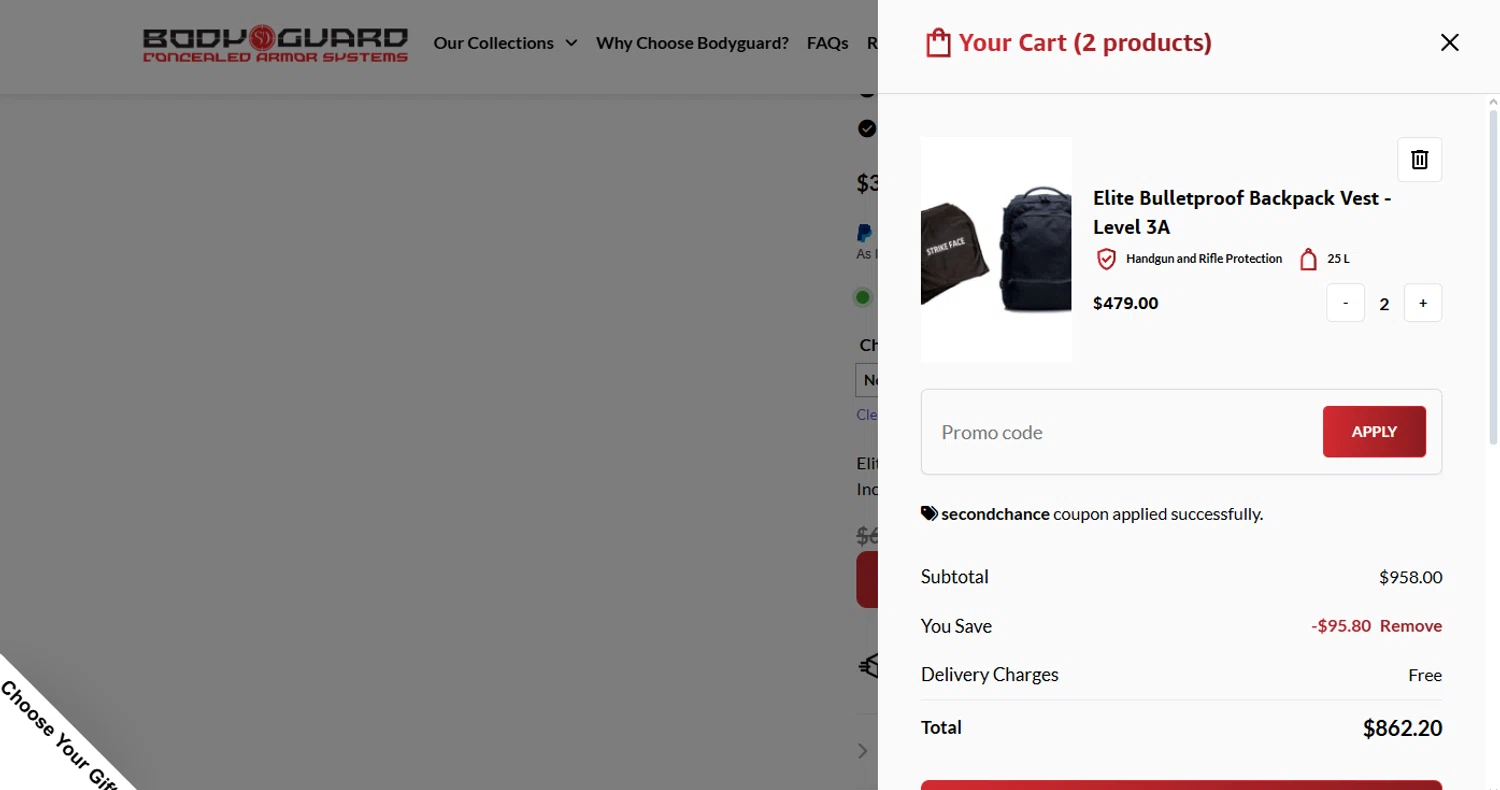 Bodyguard discount code screenshot showing code SECONDCHANCE applied at Bodyguard checkout page. Uploaded by SimplyCodes community member MoneyScout2554 on Jul 20, 2025