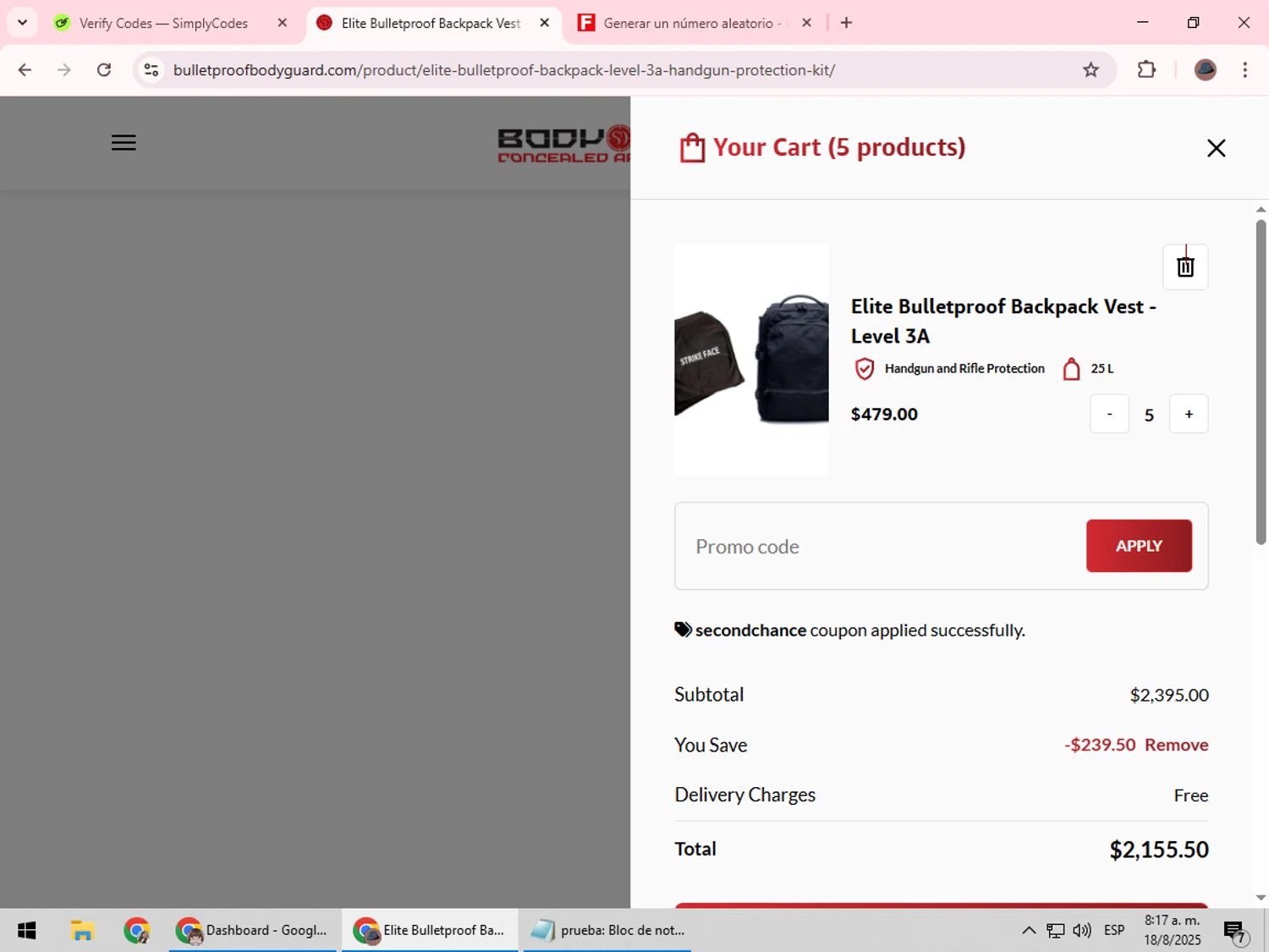 Bodyguard discount code screenshot showing code SECONDCHANCE applied at Bodyguard checkout page. Uploaded by SimplyCodes community member Rowan18 on Aug 18, 2025