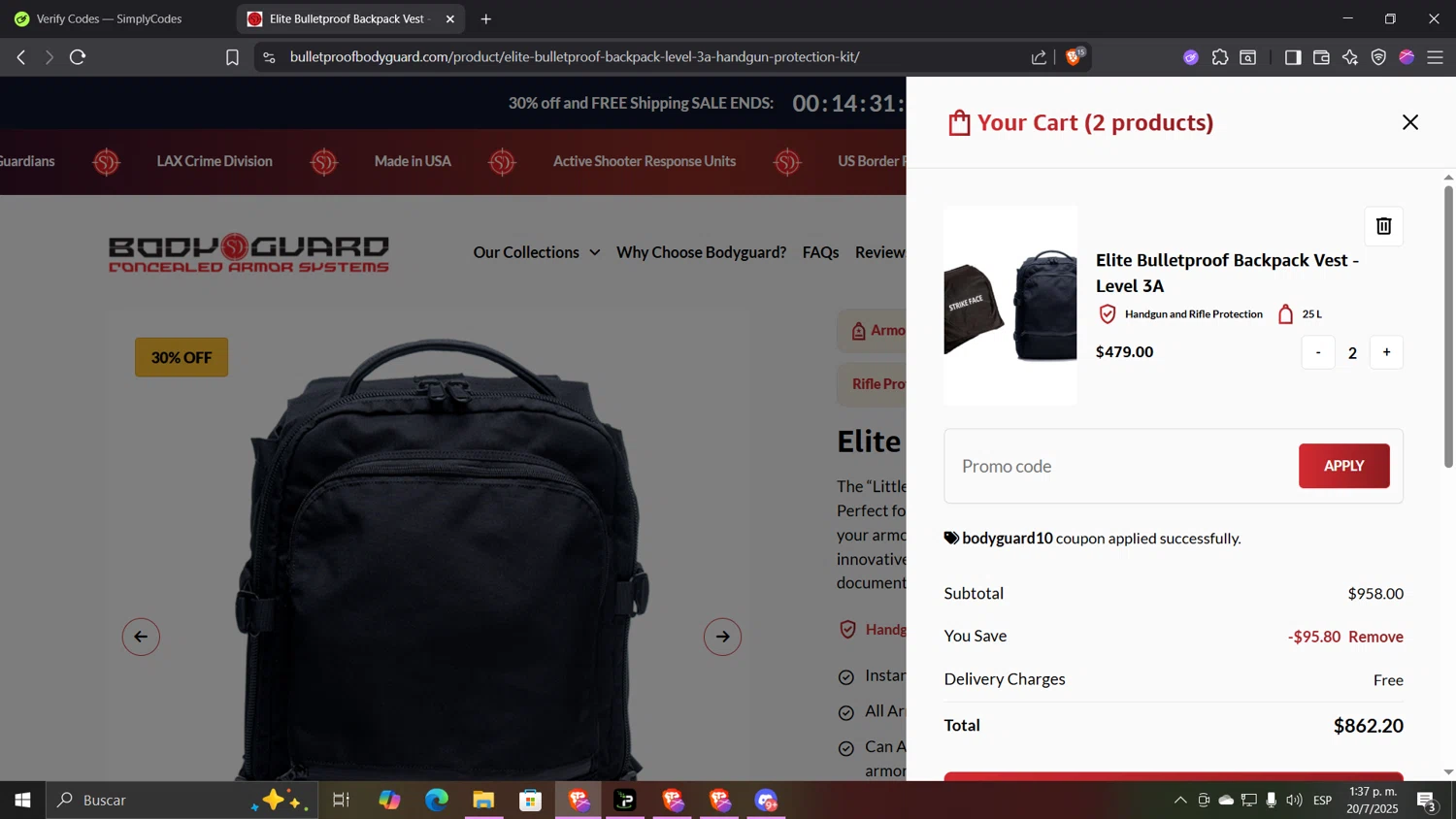 Bodyguard discount code screenshot showing code BODYGUARD10 applied at Bodyguard checkout page. Uploaded by SimplyCodes community member CocuydePenca on Jul 20, 2025