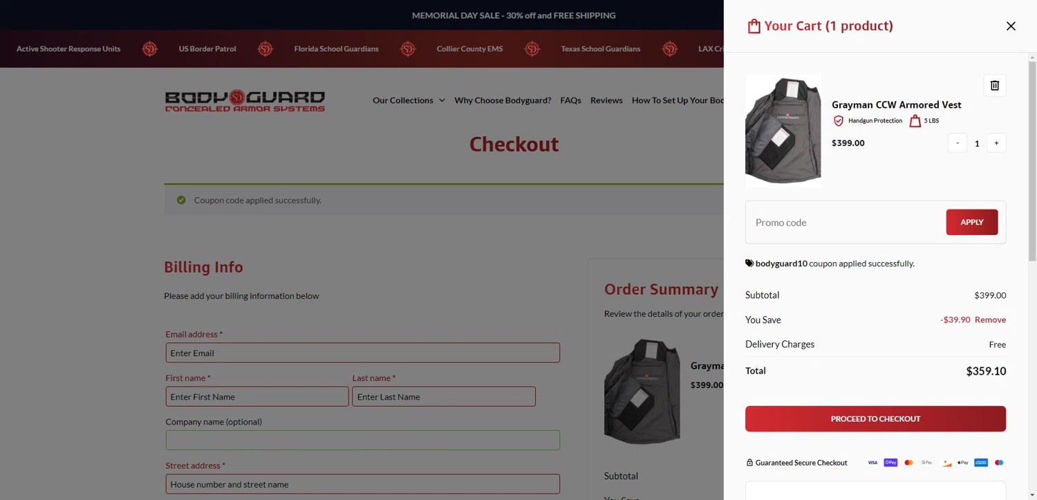Bodyguard discount code screenshot showing code BODYGUARD10 applied at Bodyguard checkout page. Uploaded by SimplyCodes community member ExtraordinaryMaven3628 on May 24, 2025