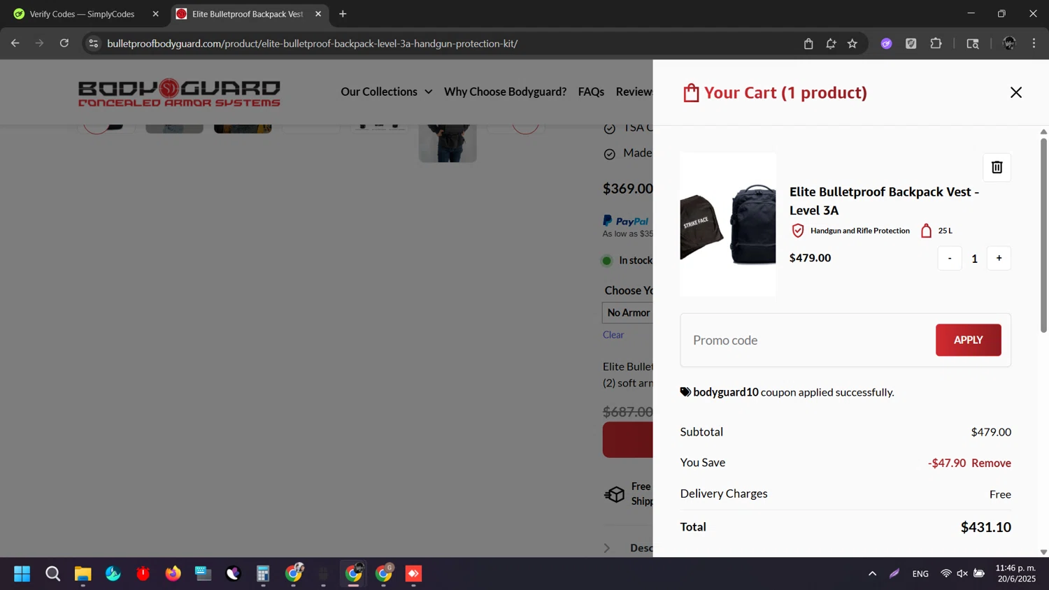 Bodyguard discount code screenshot showing code BODYGUARD10 applied at Bodyguard checkout page. Uploaded by SimplyCodes community member Rei_Chikita_uwu on Jun 21, 2025