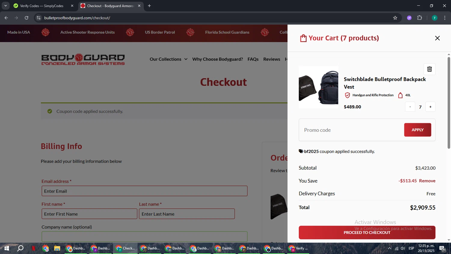 Bodyguard discount code screenshot showing code BF2025 applied at Bodyguard checkout page. Uploaded by SimplyCodes community member FrugalCaptain6906 on Nov 20, 2025