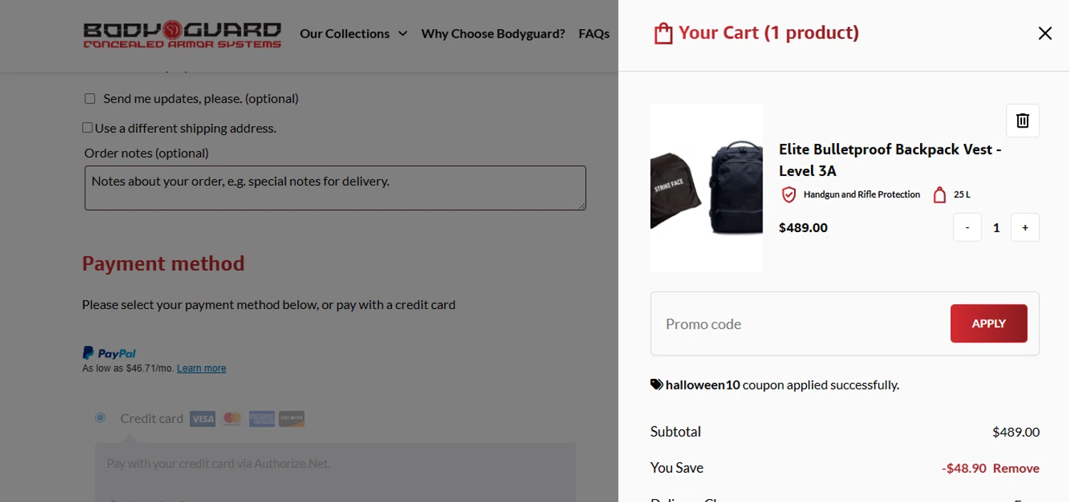 Bodyguard discount code screenshot showing code HALLOWEEN10 applied at Bodyguard checkout page. Uploaded by SimplyCodes community member juanisaac on Oct 28, 2025