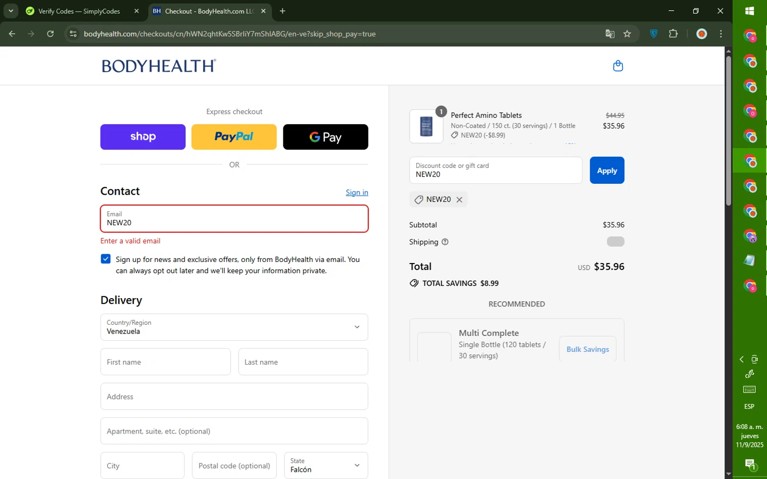 BodyHealth.com discount code screenshot showing code NEW20 applied at BodyHealth.com checkout page. Uploaded by SimplyCodes community member CashMaverick8128 on Sep 11, 2025