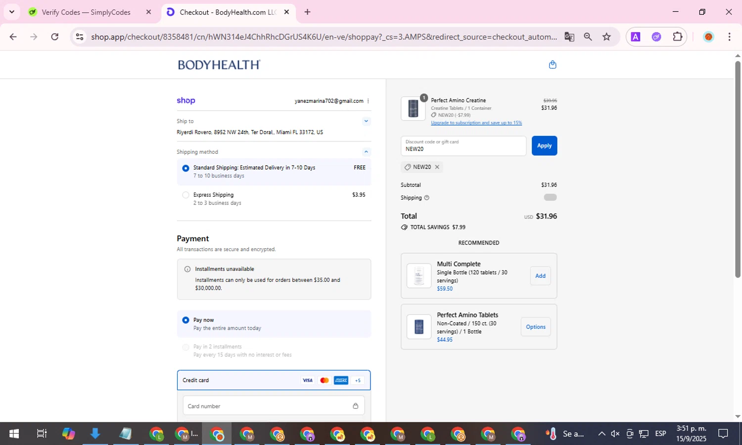 BodyHealth.com discount code screenshot showing code NEW20 applied at BodyHealth.com checkout page. Uploaded by SimplyCodes community member ShieldDefender9117 on Sep 15, 2025